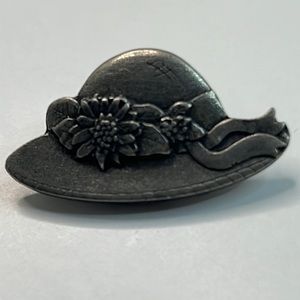 2005 Birds and Blooms Pewter Easter Hat Spring Brooch Pin Signed